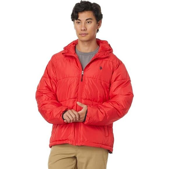 U.S. Polo Assn Mens Large Engine Red Moderate Hooded Puffer Jacket Zip Up HR2-39 - Picture 1 of 9
